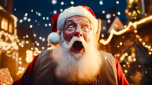 Man Wearing Santa Hat And Glasses Making Surprised Face With His Mouth Open.