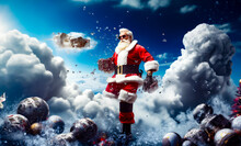 Man Dressed As Santa Claus Standing In The Clouds With Gun In His Hand.