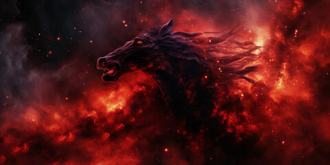 Wall Mural - horsehead nebula, dark silhouette foreground, glowing red background gas, intricate fractal patterns