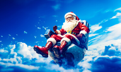 Wall Mural - Man in santa suit is sitting on motorcycle in the sky.