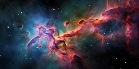 Wall Mural - carina nebula, bursting with hot pink, neon green, and deep blues, vibrant energy, young star cluste