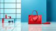 red shopping bag with handles on the floor, blue color walls and copy space
