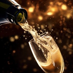 Wall Mural - Close up of a popping champagne with golden bubbles bottle pour in champagne glass. Generative Ai