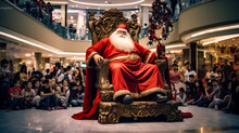 Man Dressed As Santa Claus Sitting On Golden Throne In Mall.