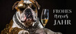 Frohes neues Jahr Grußkarte mit deutschem Text – Bulldogge Hund mit Champagnerglas während einer Feier, isoliert auf schwarzem Hintergrund