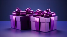  Two Purple Gift Boxes With Purple Bows On A Blue Background.  Generative Ai