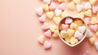  a heart shaped bowl of conversation hearts on a pink background.  generative ai
