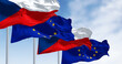 National flags of Czech Republic waving with EU flags on a clear day