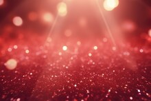 Red Bokeh Light Background, Christmas Glowing Bokeh Confetti And Sparkle Texture Overlay For Your Design. Sparkling Red Dust Abstract Luxury Decoration Background.