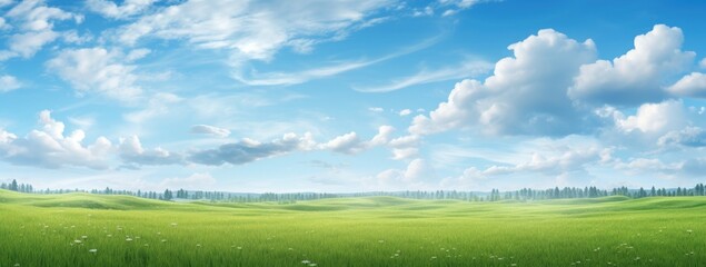 green grass field agains the blue cloud sky, generative ai