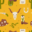 Western seamless pattern. Cowboy boots, hat, gun, cactus, horseshoe, cow skull, saddle, wanted poster and snake on yellow background. Wild west pattern.