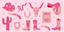 Vector Western Set. Retro Pink Glamour Collection Of Cowgirl Boots, Bandana, Hat, Gun, Cactus, Horseshoe, Cow Skull, Saddle, Wanted Poster And Snake. Y2k Wild West Cowboy Concept.