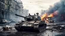Damaged Tanks From Battle, Explosions, Fires, Deserted City Backgrounds Caused By War