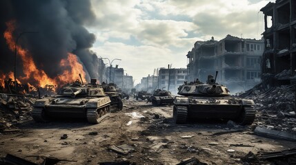 damaged tanks from battle, explosions, fires, deserted city backgrounds 