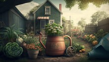 Fantasy Backyard Gardening Vegetables, Green Flora, Farmlife Design Illustration