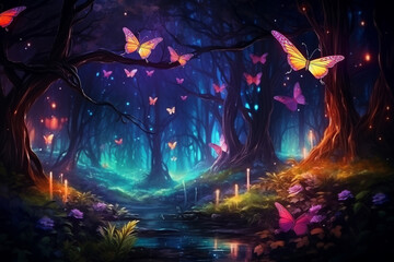 Fireflies and butterflies fluttering in the night fantasy magical forest. Fairy tale concept, neon lights, 3d rendering elements