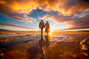 portrait photo of adventurous older couple walking through the uyuni salt flat seen from behind