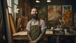 © Cristina - 35-year-old man with a beard and tattoos on his arms who is receiving art classes in a studio. He wears a green apron and a grey t-shirt. Image generated with AI.