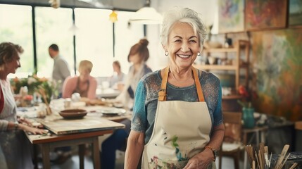 Smiling retired woman taking painting classes in an art studio. She has white hair and wears a white apron. Image generated with AI