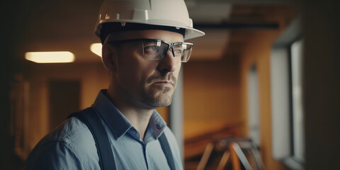 Wall Mural - Portrait of a Male Engineer or Architect iin glasses n a white helmet on a construction site or factory. Man Builder or Manager, pro specialist in a hardhat. Men at work