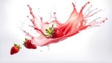 Sweet Fresh Strawberry Juice Or Jam Splash Swirl With Strawberry. Red Berry Juice Splashing, Strawberries Juice Isolated