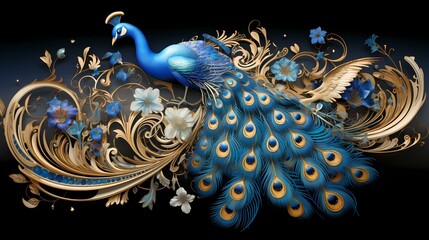 Wall Mural - A peacock, featuring opulent golden accents and regal motifs, 3D style