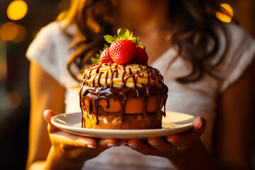 Woman holding delicious chocolate cake with strawberries on top