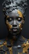 creative abstract dark blue skin makeup with gold. Beauty face, makeup close-up.