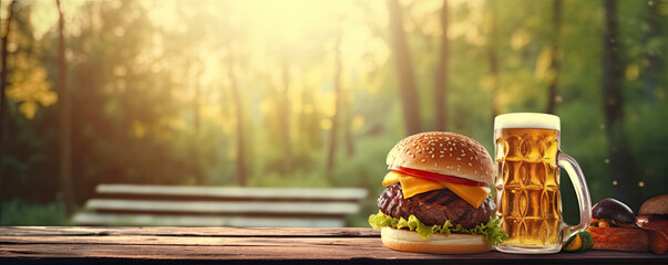 Wall Mural - Fresh tasty beef Burger and beer  on wooden table. in nature banckground.