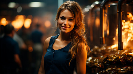 Wall Mural - portrait of young smiling woman with curly hair in the background of the city