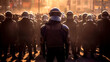 Back turned view of a team riot police during street protests. Generative AI