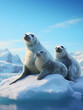 Glacier and wildlife, photorealistic, a family of seals resting on an ice floe, crisp detail