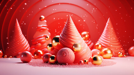 3d render of christmas abstract background with red and gold christmas balls, baubles and christmas 