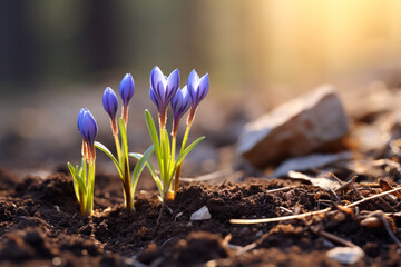 First crocuses flowers growing in spring