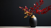  A Black Vase With Red Flowers In It On A Table.  Generative Ai