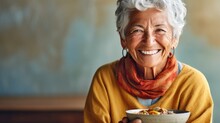 Smiling Senior Delighting In Nourishing Breakfast Bowl.