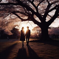 Poster - silhouette of a couple on a tree, night, illustration, vector, sky, art, romance, family