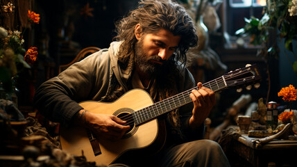 young bearded man playing guitar in the dark