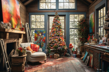 An artist's studio with a Christmas tree made of paintbrushes, a palette-inspired color scheme, and walls adorned with holiday-themed paintings, creating a vibrant and creative hol 