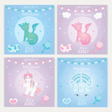 Fototapeta Dinusie - Set of baby shower invitations with cartoon character, rattle, unicorn and dinosaur. This is a boy. This is a girl. Vector illustration, EPS 10.