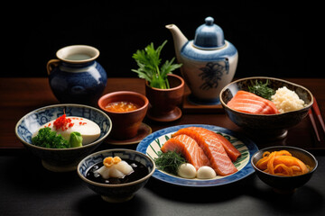 Wall Mural - Traditional Japanese breakfast. Different Asian dishes on table