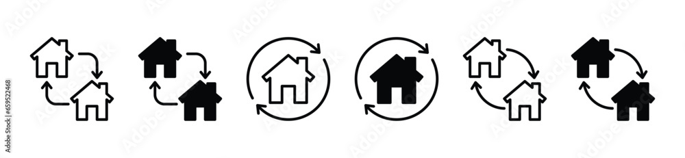 Home change icon. House in circular arrow. Home makeover. House and ...
