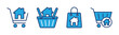 Shopping home icon set. Purchase or buying house icon. Cart trolley with home or house symbol. Editable stroke. Vector illustration