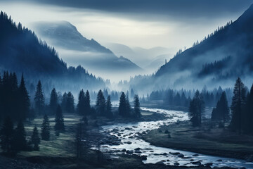  Mystical mysterious fog over the forest tops with a view of the mountains at dawn