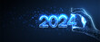 Numbers 2024 in digital hand. New year blue background.