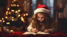 Young Girl Writing A Letter To Santa Claus, Sitting Comfortably In Her Home Near A Beautifully Decorated Christmas Tree. Cute, Cozy And Warm Atmosphere With Magical Spirit Of The Holiday Season.