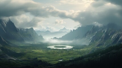 Wall Mural -  a landscape of mountains and a lake in the middle of it.  generative ai