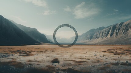 Sticker -  a circular object in the middle of a desert area with mountains in the background.  generative ai