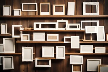 Wall Mural - A vintage wooden shelf displaying a collection of empty blank white photo frames in various sizes and shapes.