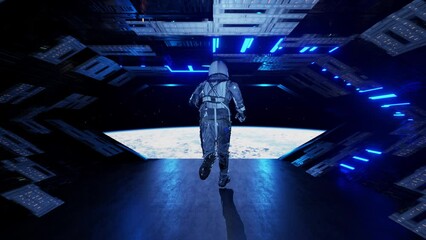 Wall Mural - astronaut running inside a spaceship and jumping into space